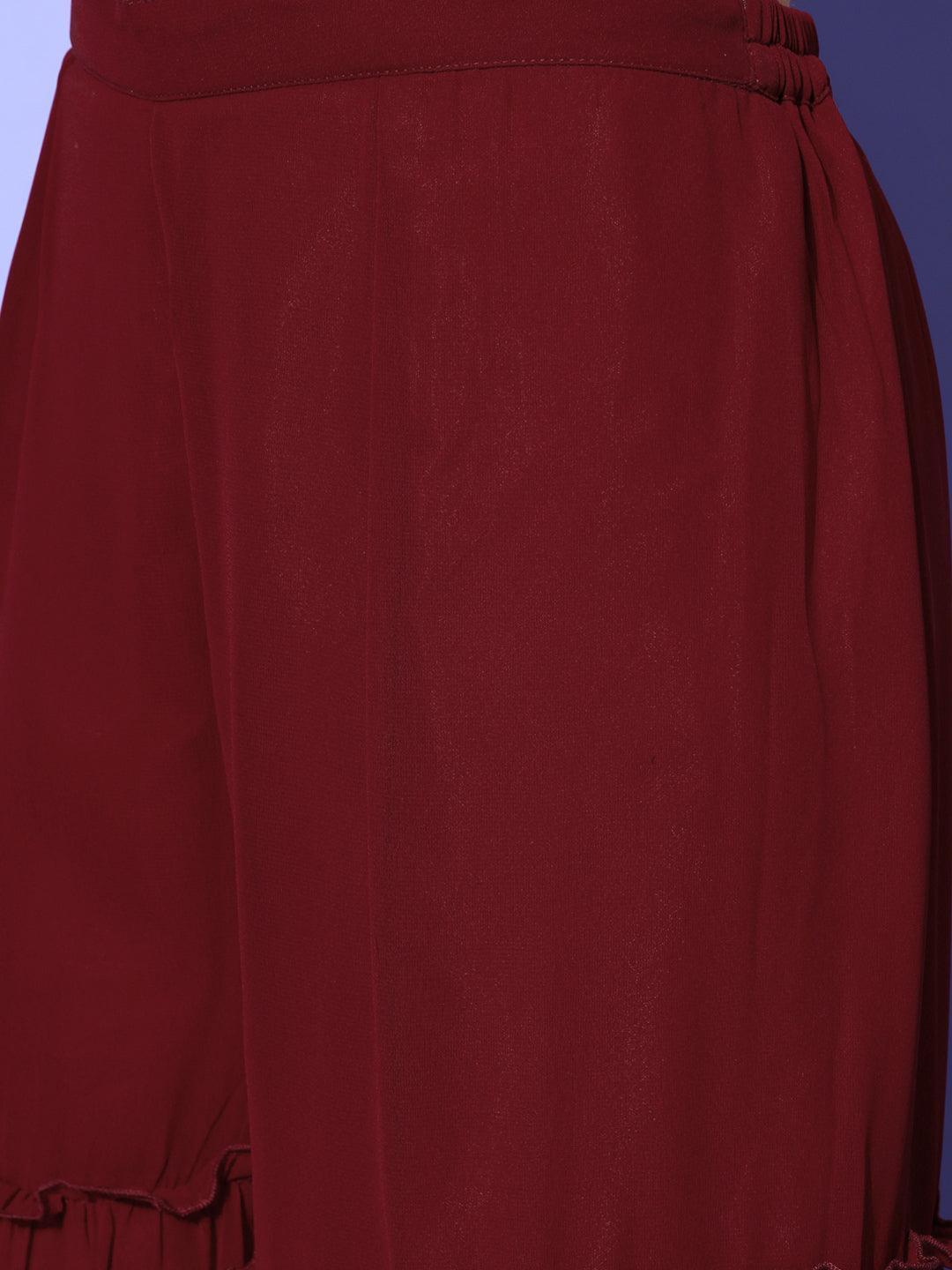 Maroon Embroidered Georgette Straight Kurta With Sharara & Dupatta