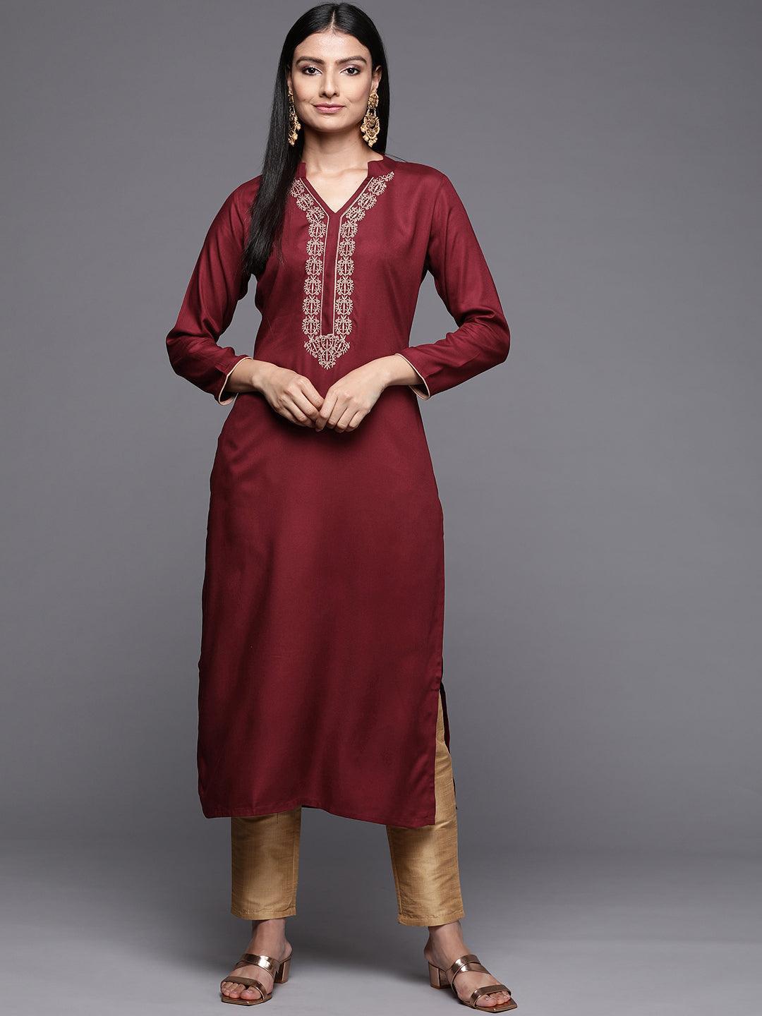 Maroon Embroidered Pashmina Wool Straight Kurta