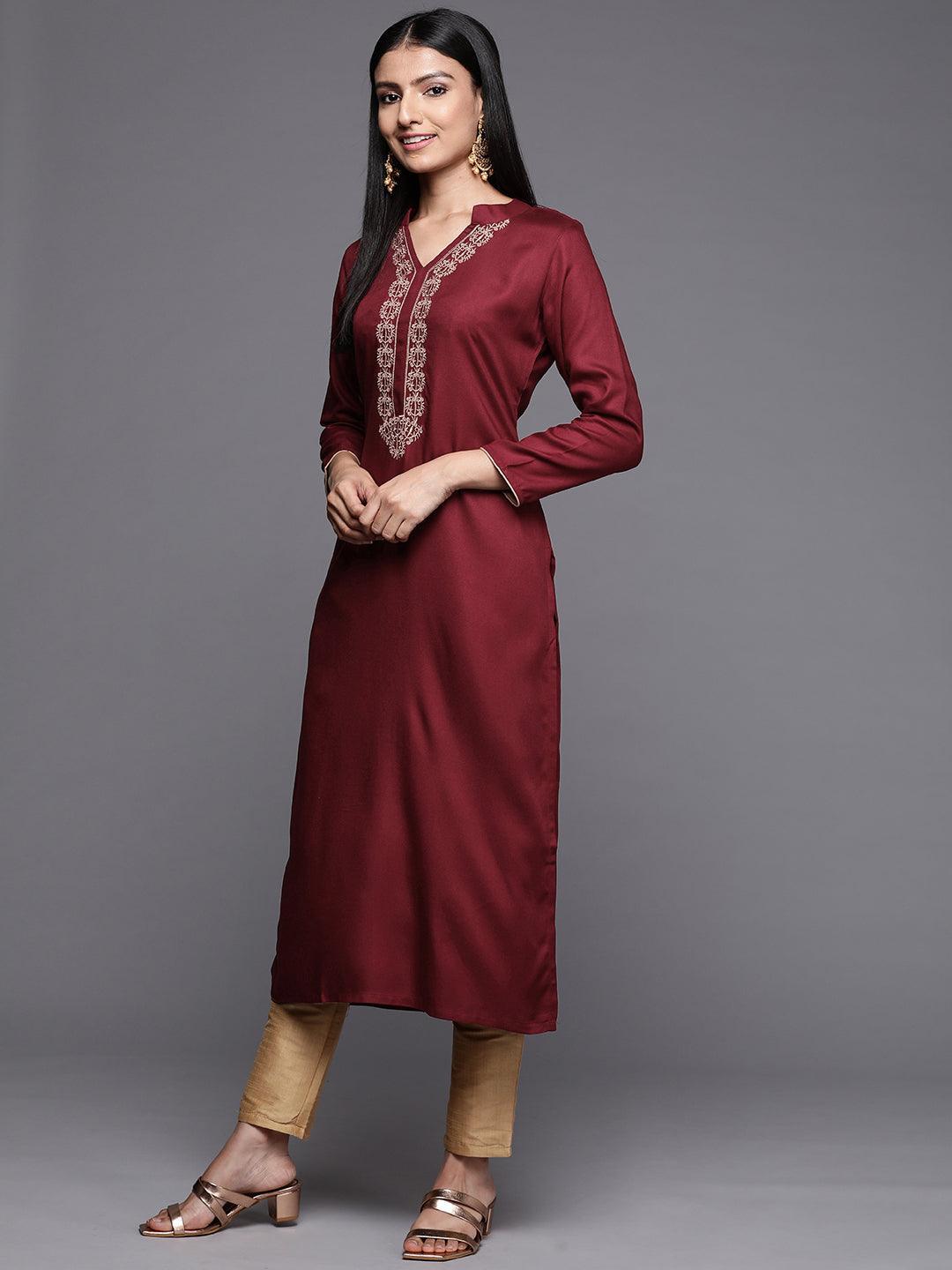 Maroon Embroidered Pashmina Wool Straight Kurta