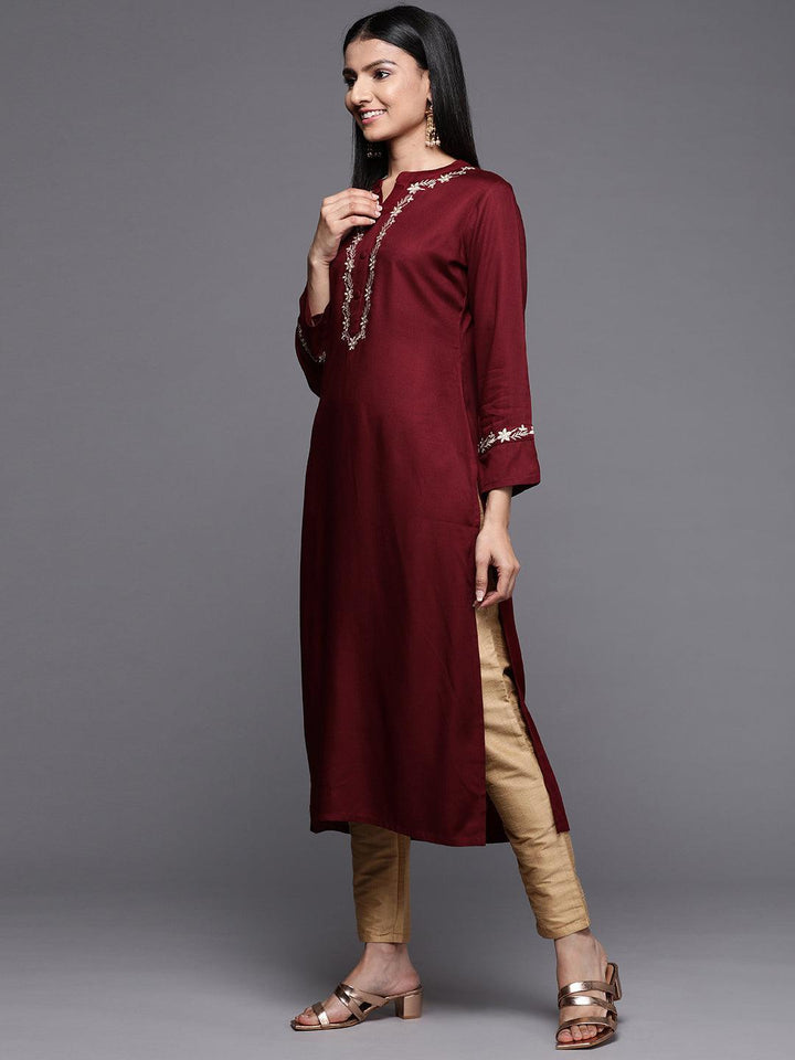 Maroon Embroidered Pashmina Wool Straight Kurta - Libas