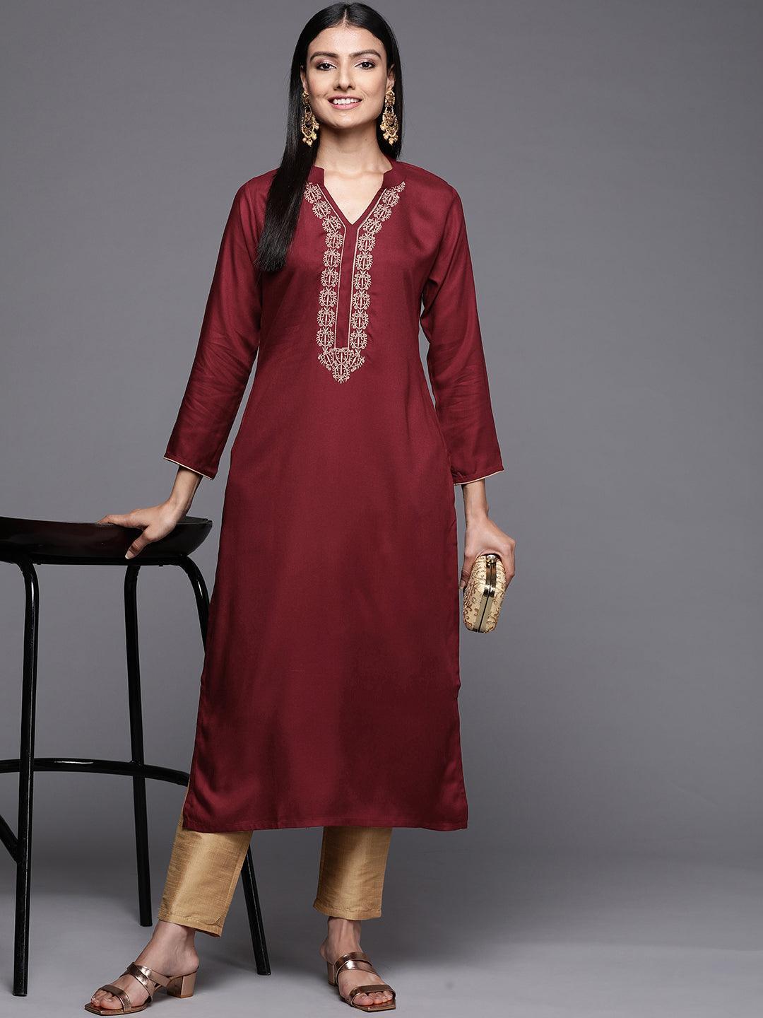 Maroon Embroidered Pashmina Wool Straight Kurta