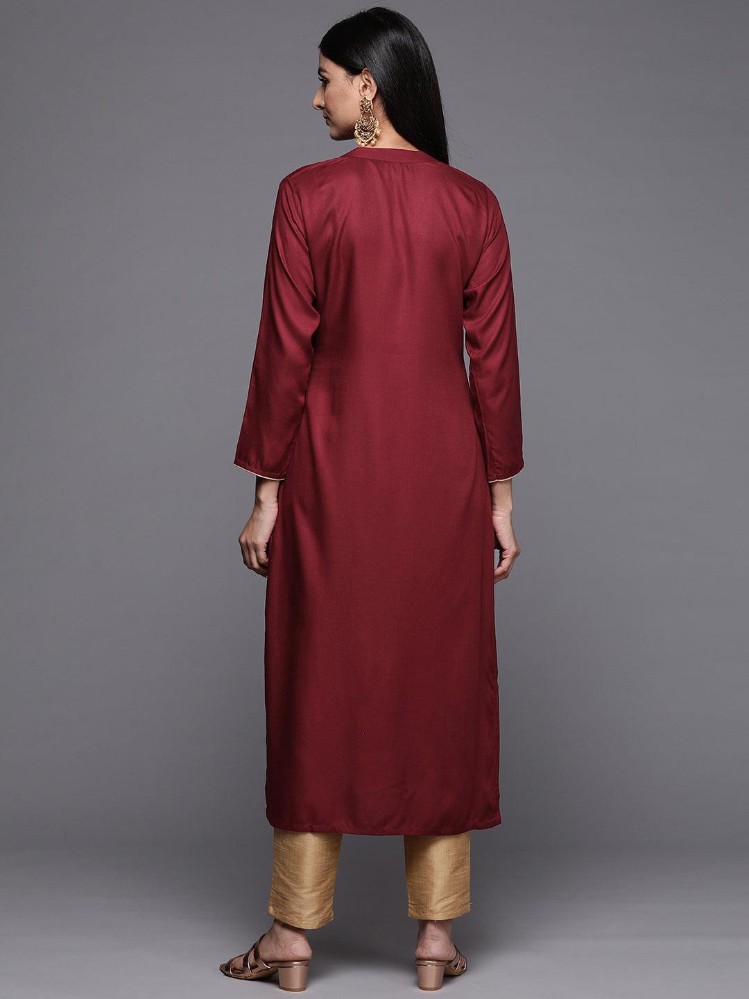 Maroon Embroidered Pashmina Wool Straight Kurta