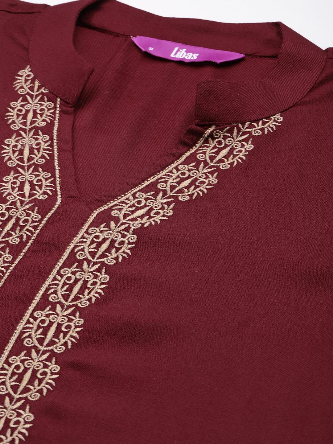 Maroon Embroidered Pashmina Wool Straight Kurta