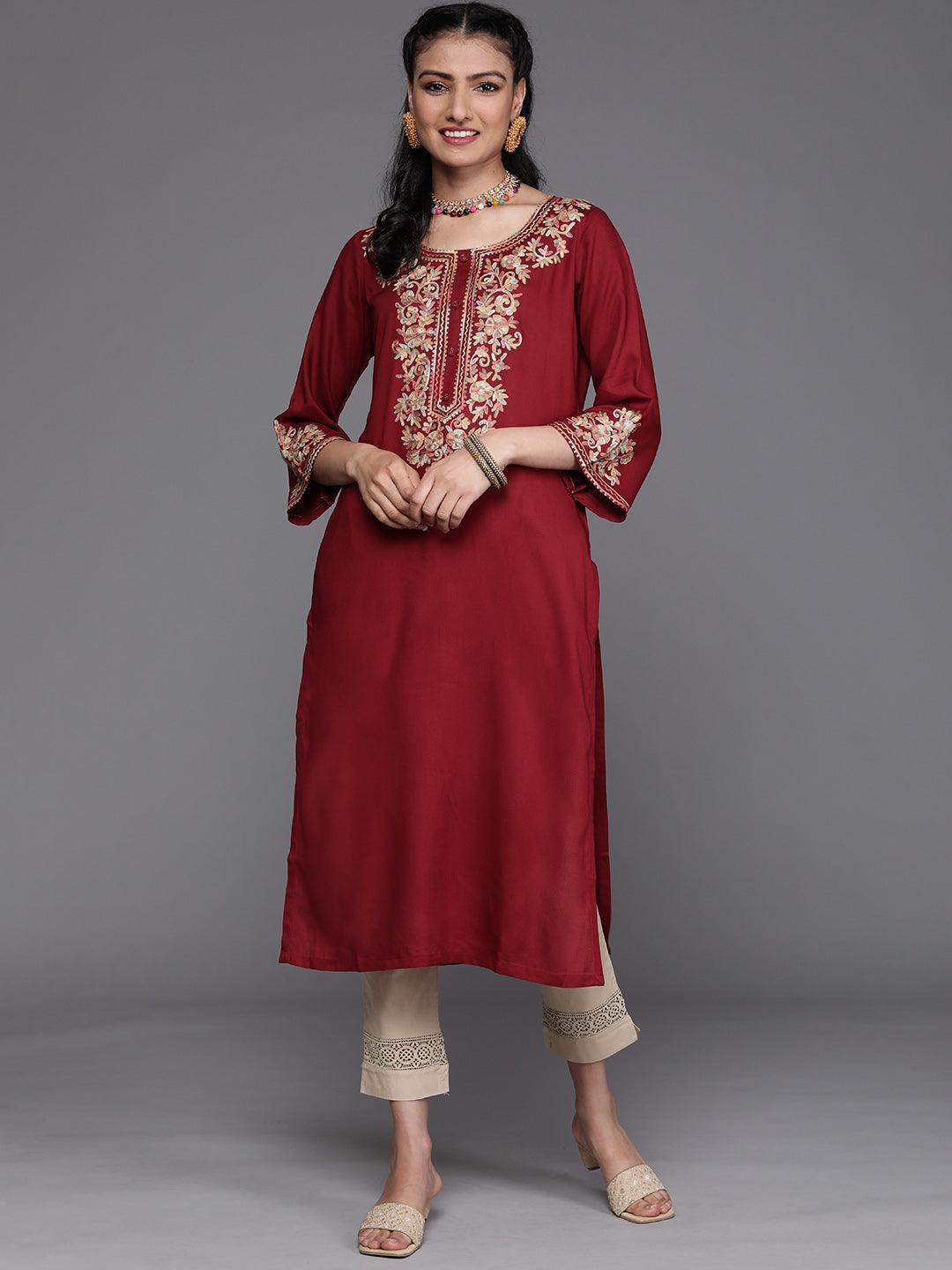 Maroon Embroidered Rayon Kurta - ShopLibas