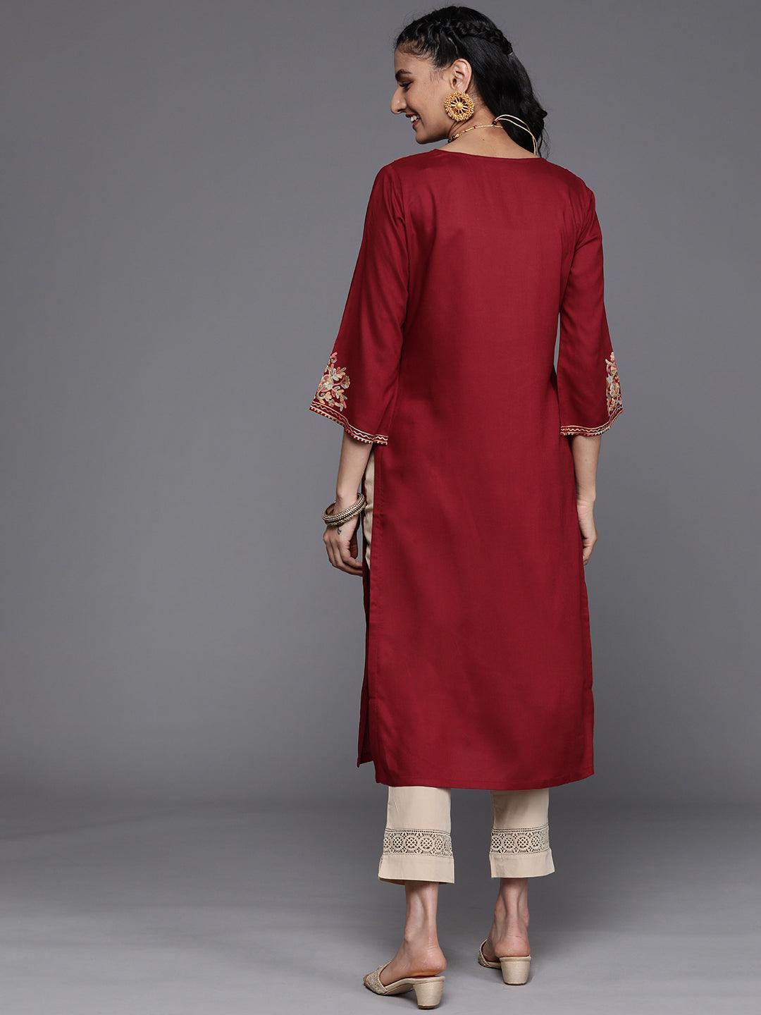 Maroon Embroidered Rayon Kurta - ShopLibas