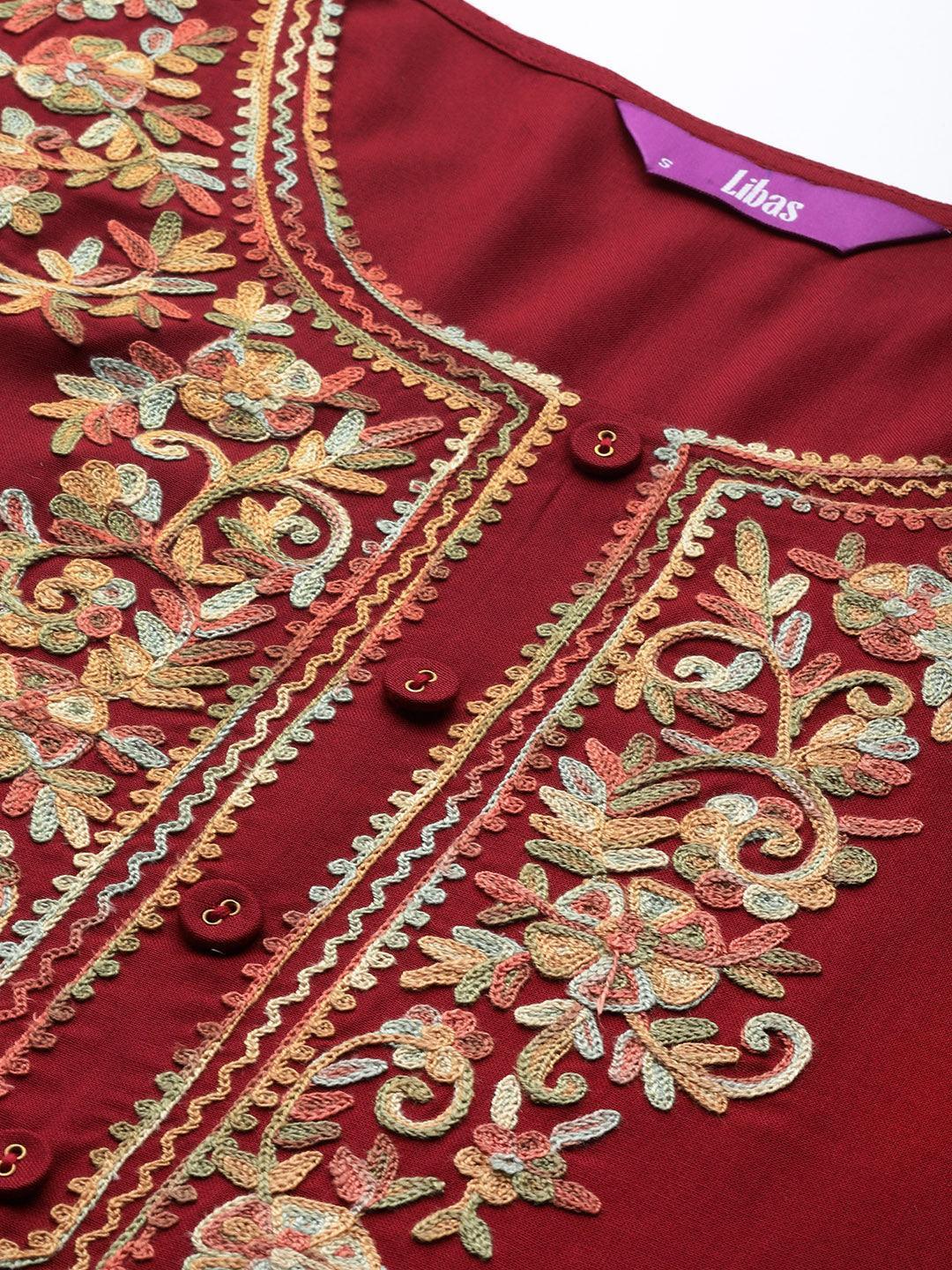 Maroon Embroidered Rayon Kurta - ShopLibas