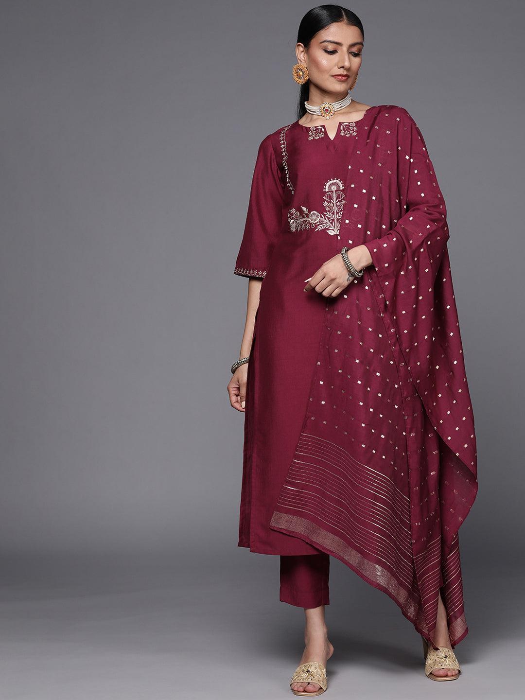 Maroon Embroidered Silk Blend Straight Suit Set