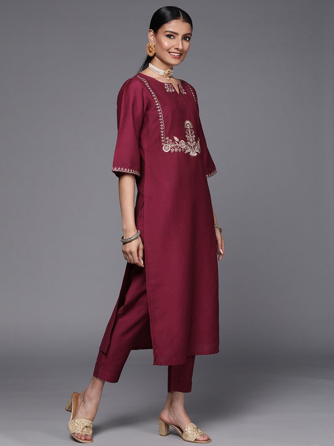 Maroon Embroidered Silk Blend Straight Suit Set