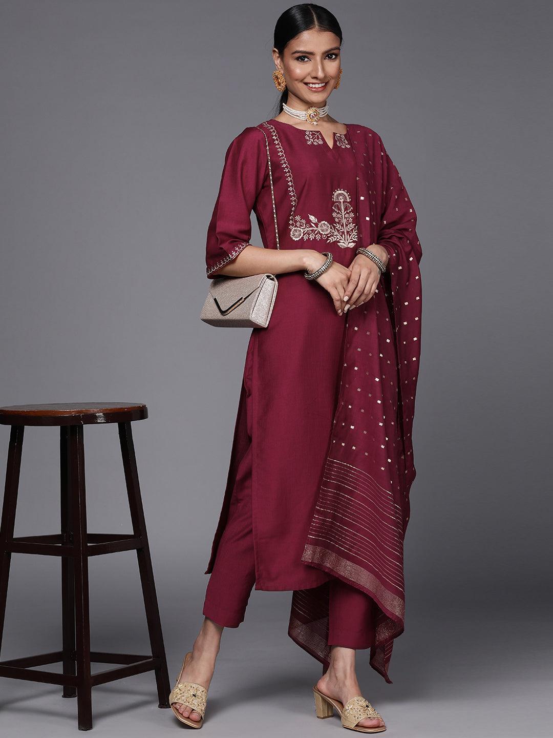 Maroon Embroidered Silk Blend Straight Suit Set