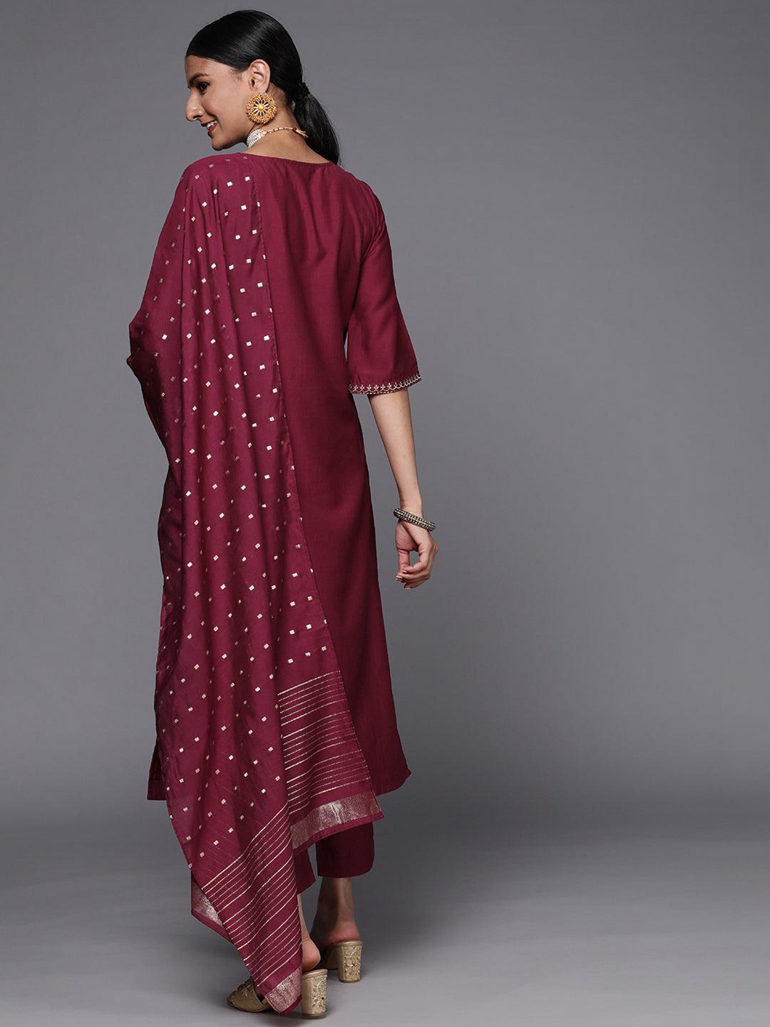 Maroon Embroidered Silk Blend Straight Suit Set