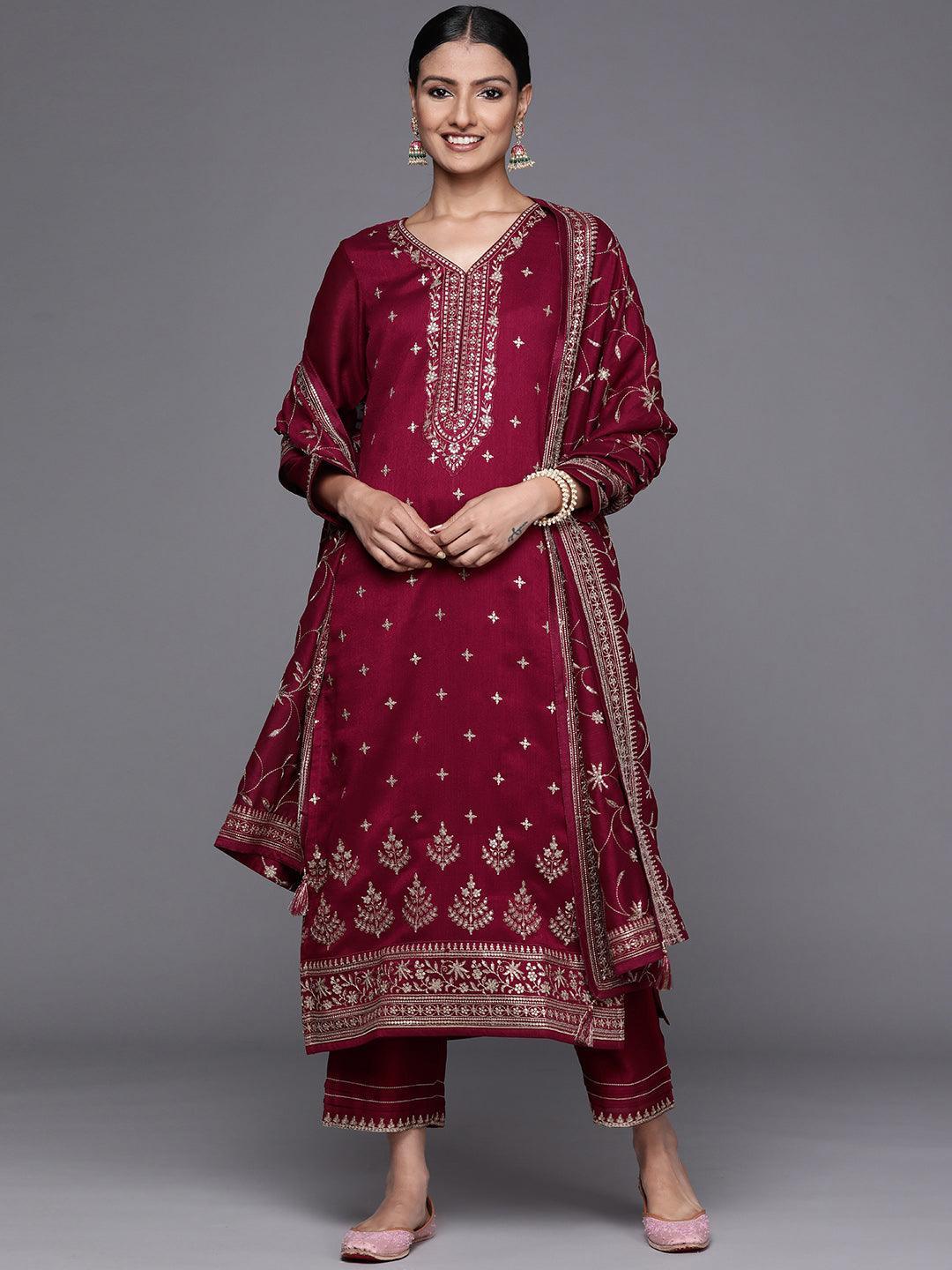 Maroon Embroidered Silk Blend Straight Suit Set