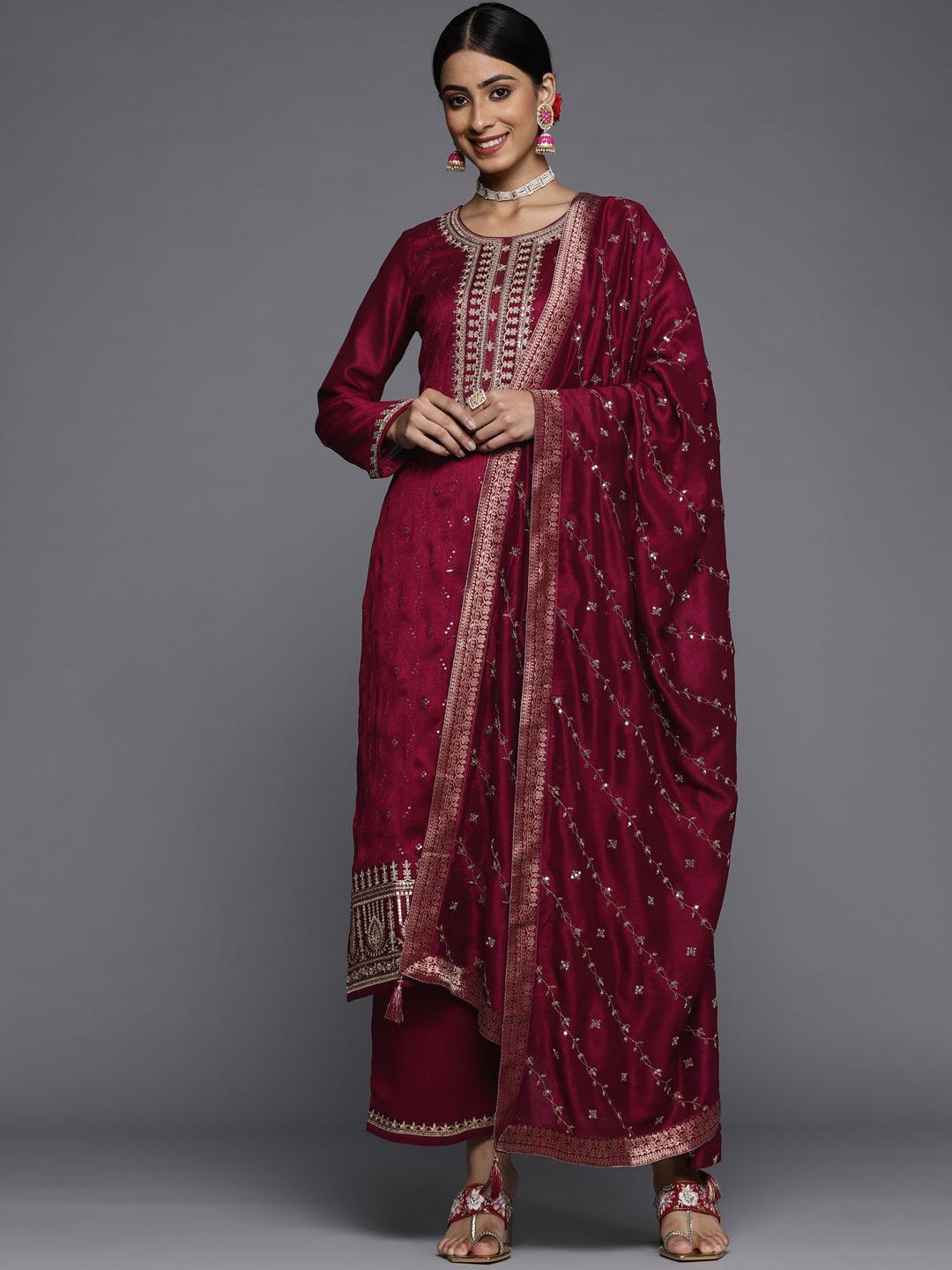 Maroon Embroidered Silk Blend Straight Suit Set