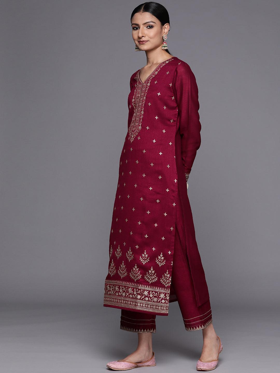 Maroon Embroidered Silk Blend Straight Suit Set