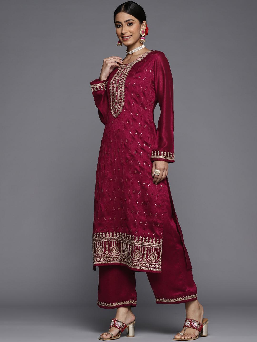 Maroon Embroidered Silk Blend Straight Suit Set