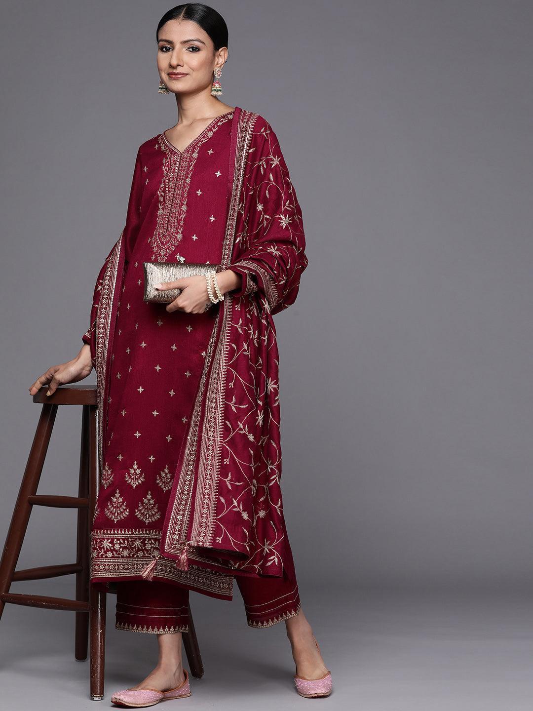 Maroon Embroidered Silk Blend Straight Suit Set