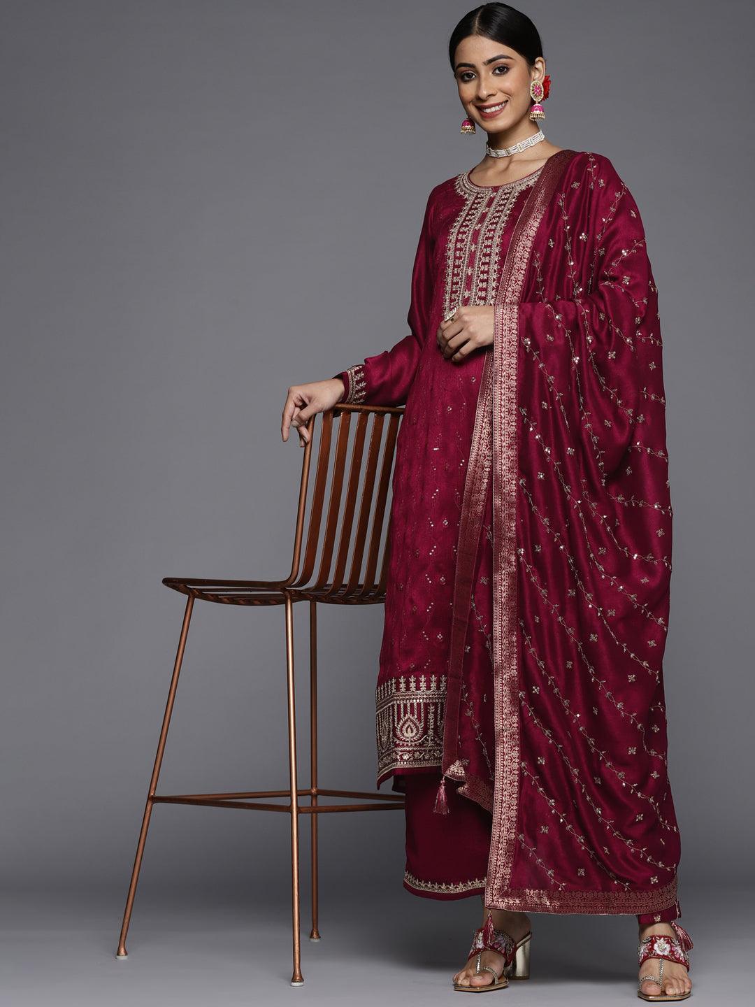 Maroon Embroidered Silk Blend Straight Suit Set