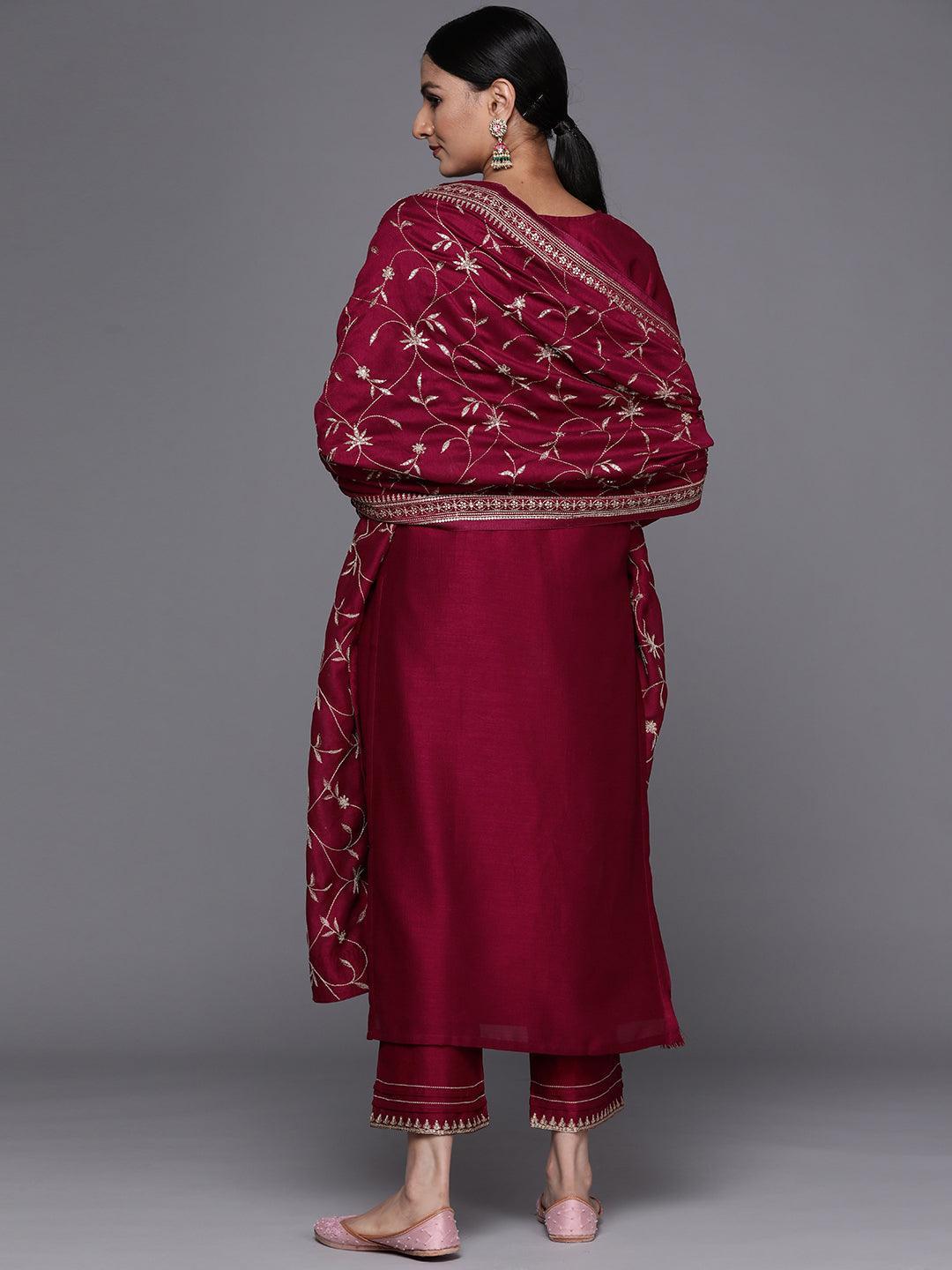 Maroon Embroidered Silk Blend Straight Suit Set