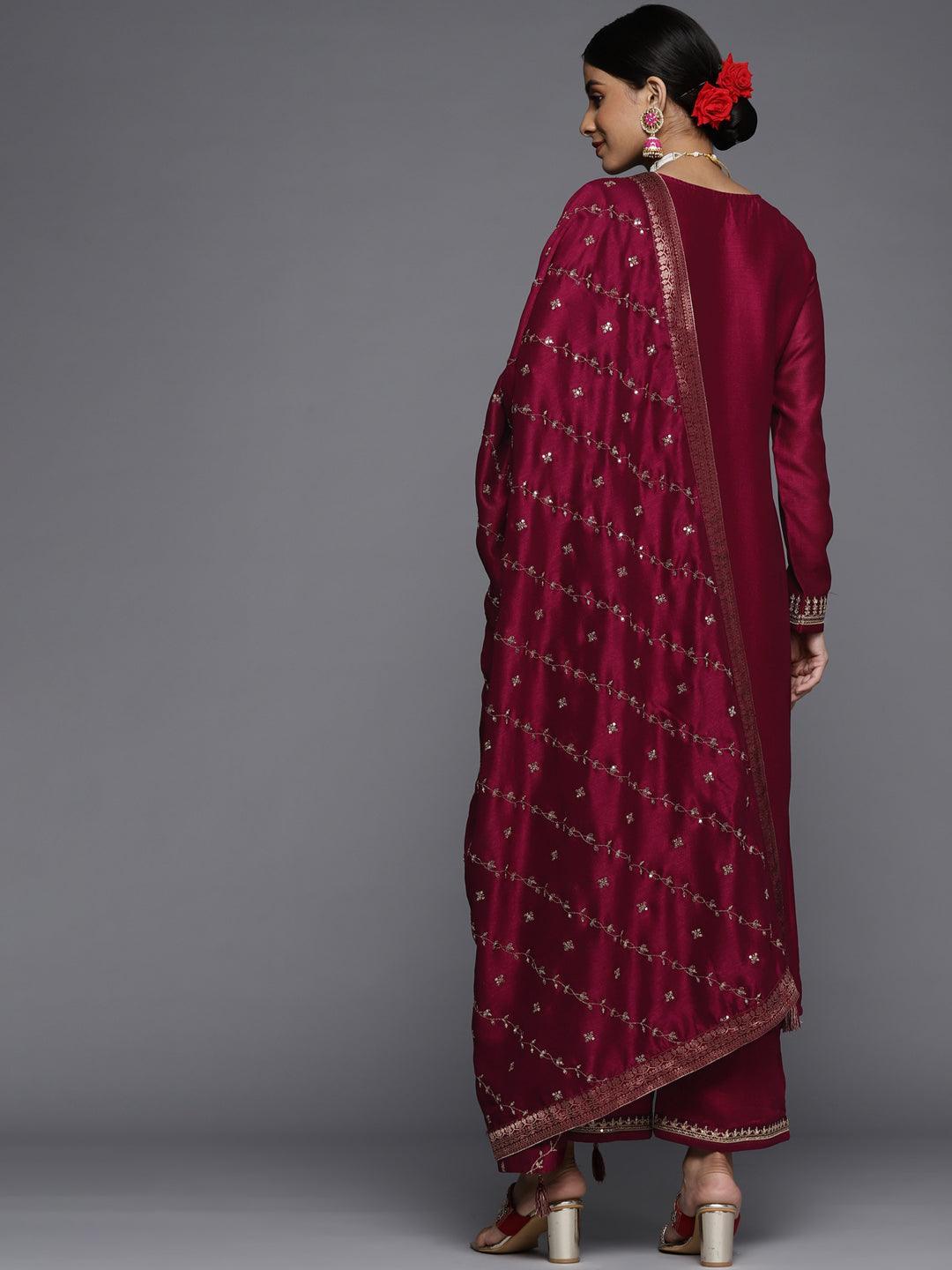 Maroon Embroidered Silk Blend Straight Suit Set