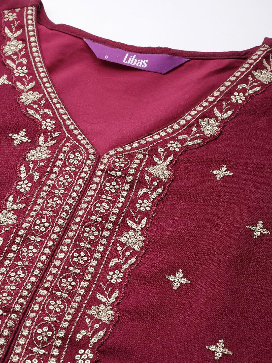 Maroon Embroidered Silk Blend Straight Suit Set