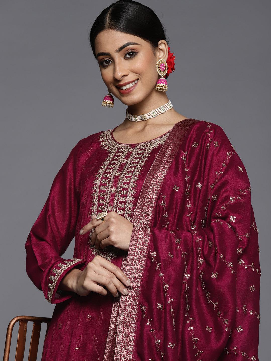 Maroon Embroidered Silk Blend Straight Suit Set