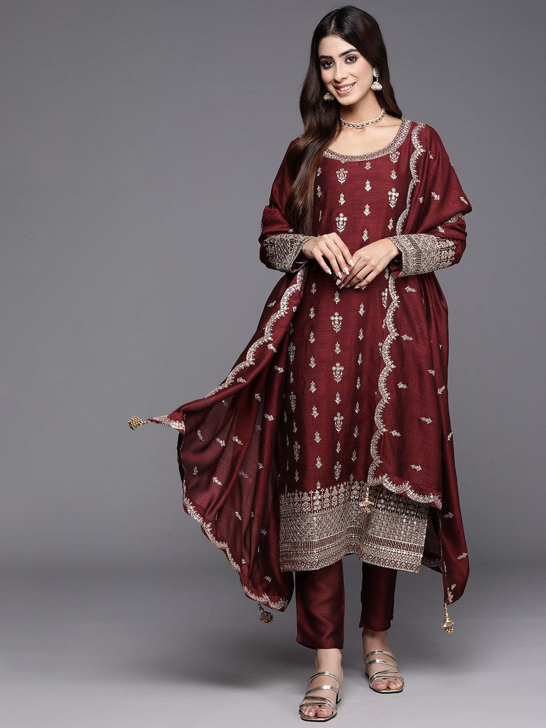 Maroon Embroidered Silk Blend Straight Suit With Dupatta