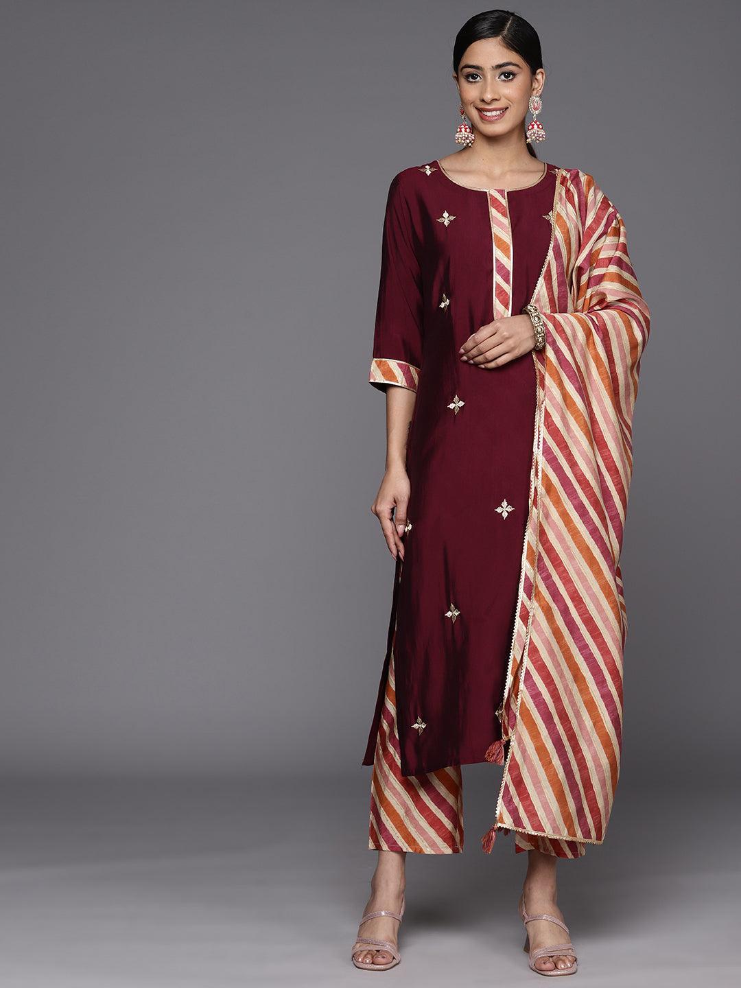 Maroon Embroidered Silk Blend Straight Suit Set With Trousers