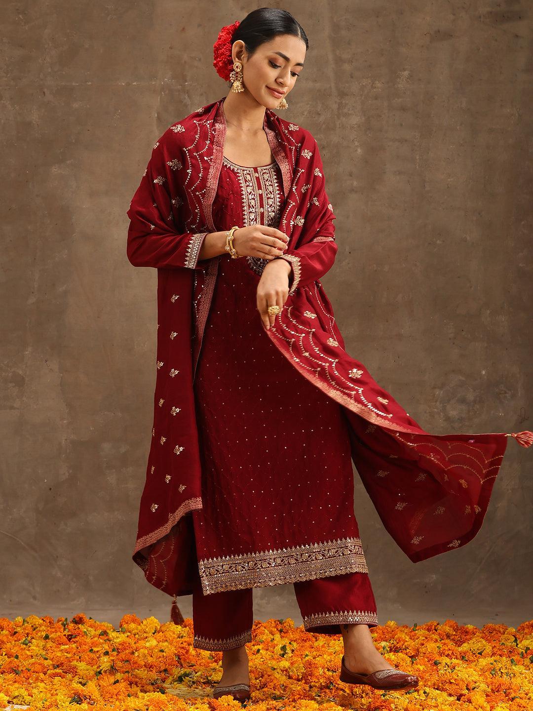 Maroon Embroidered Silk Blend Suit Set With Trousers