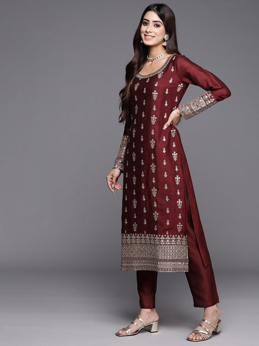 Maroon Embroidered Silk Blend Straight Suit With Dupatta