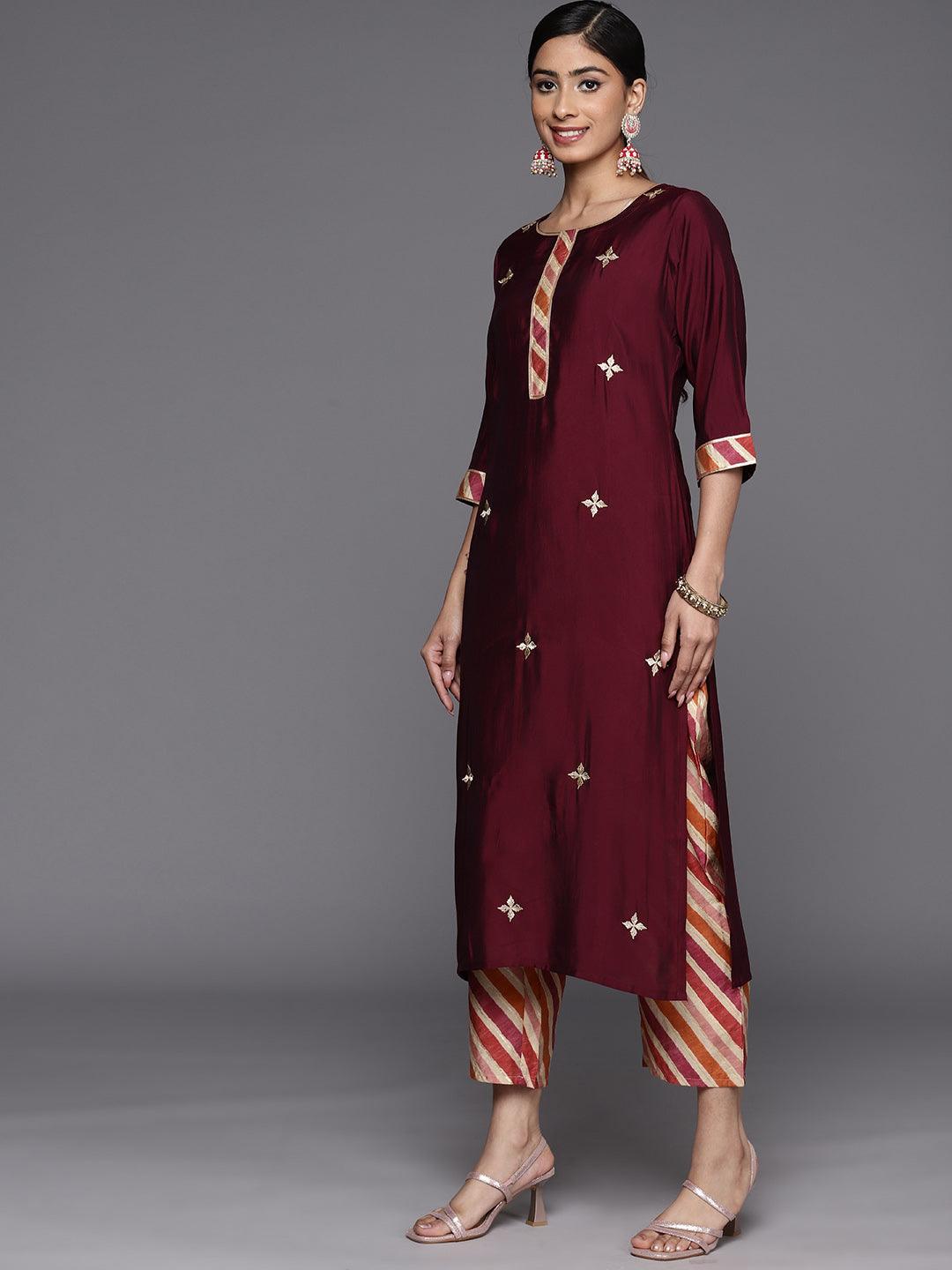 Maroon Embroidered Silk Blend Straight Suit Set With Trousers