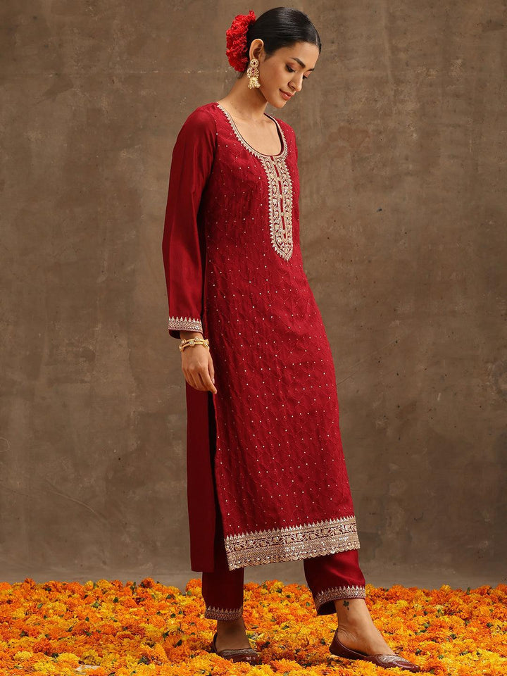 Maroon Embroidered Silk Blend Suit Set With Trousers - ShopLibas