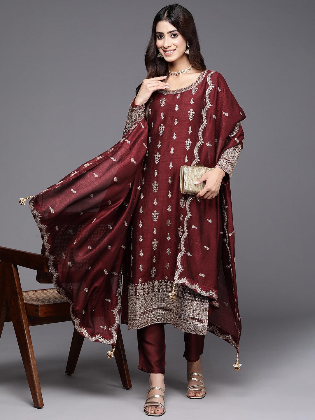 Maroon Embroidered Silk Blend Straight Suit With Dupatta