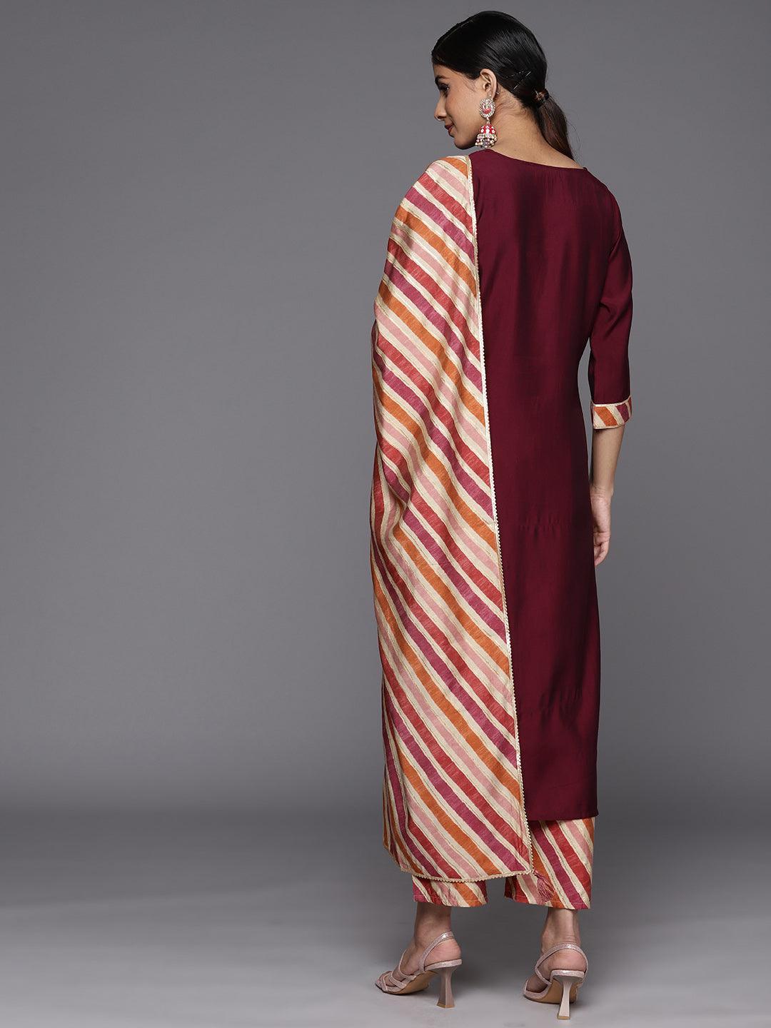 Maroon Embroidered Silk Blend Straight Suit Set With Trousers