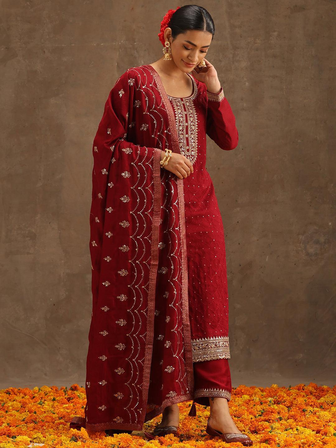 Maroon Embroidered Silk Blend Suit Set With Trousers