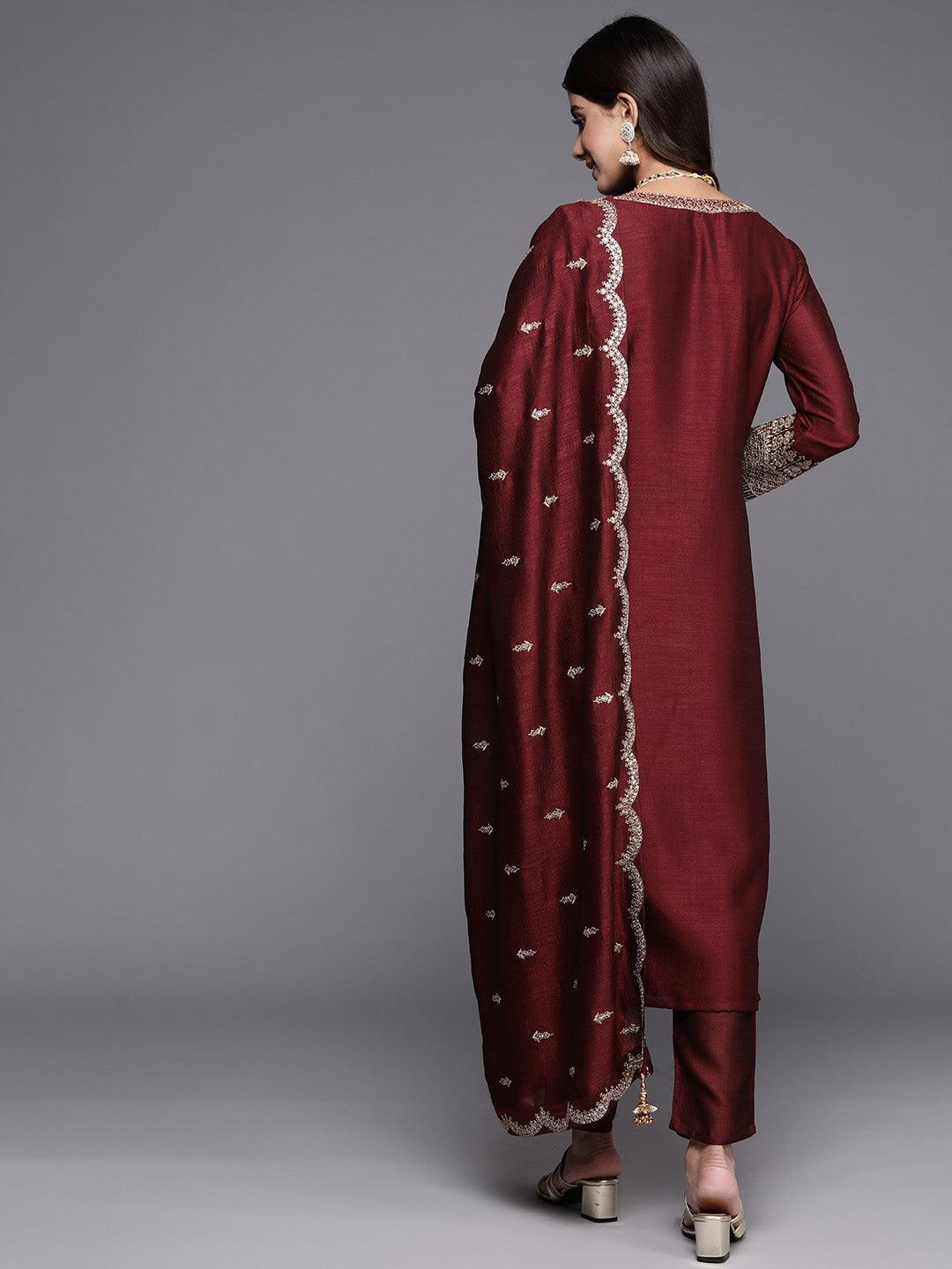 Maroon Embroidered Silk Blend Straight Suit With Dupatta