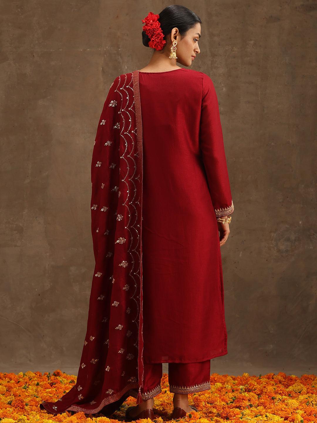 Maroon Embroidered Silk Blend Suit Set With Trousers