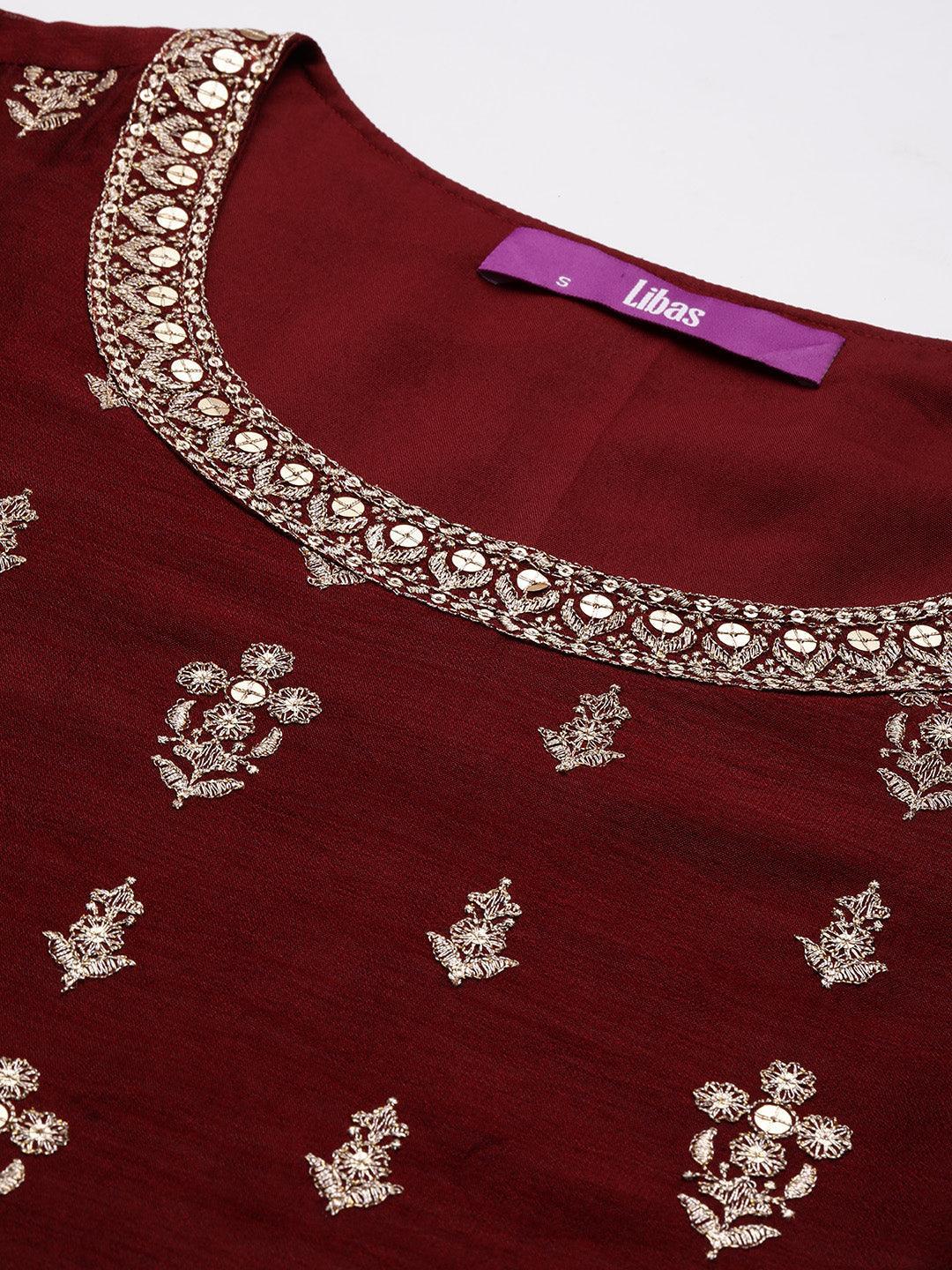 Maroon Embroidered Silk Blend Straight Suit With Dupatta