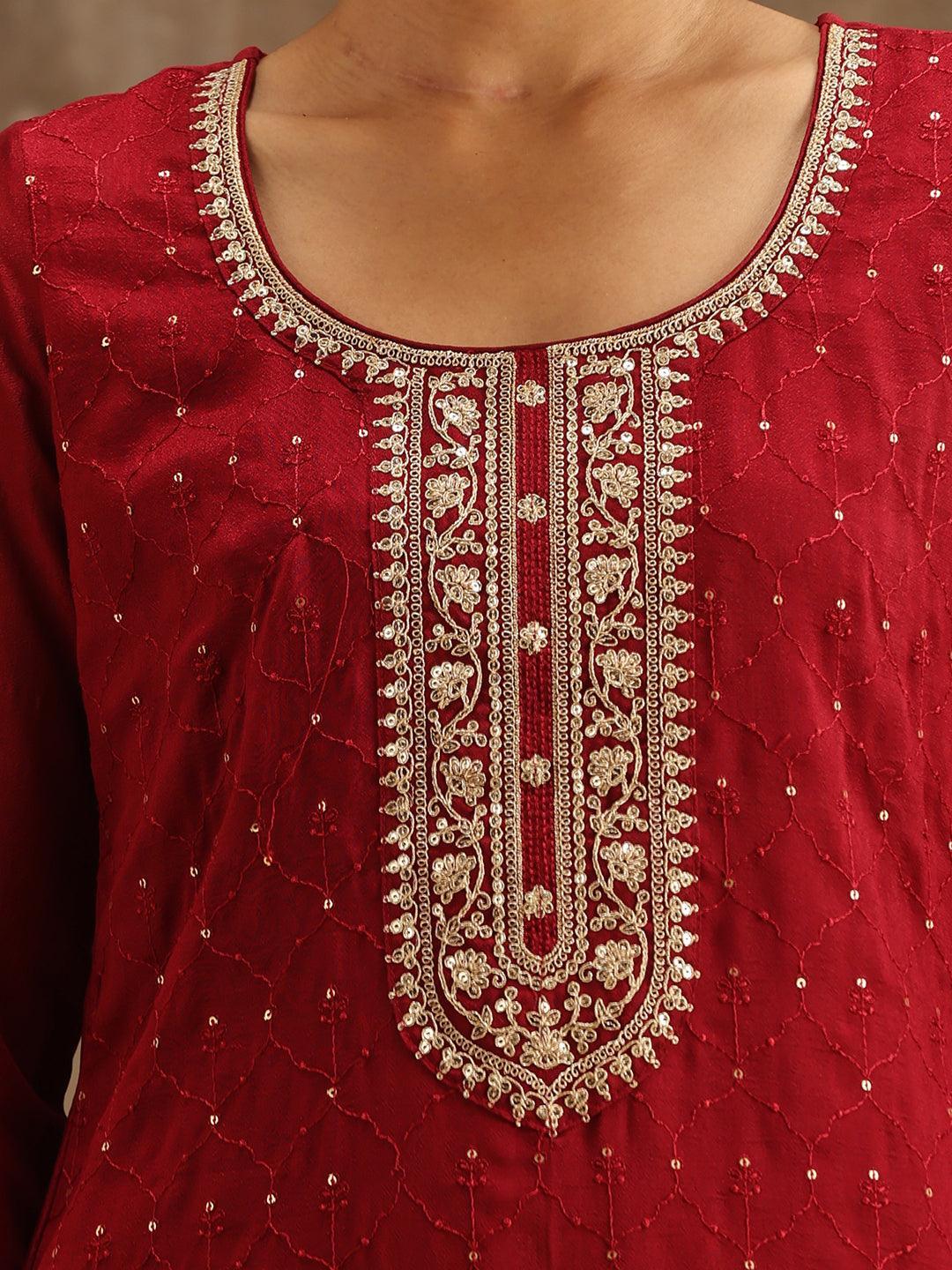 Maroon Embroidered Silk Blend Suit Set With Trousers