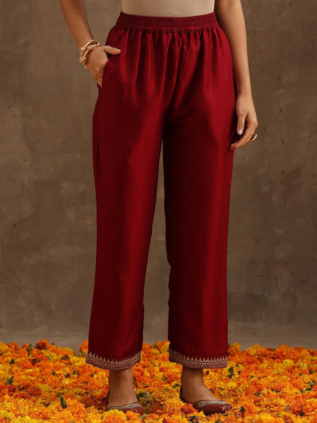 Maroon Embroidered Silk Blend Suit Set With Trousers