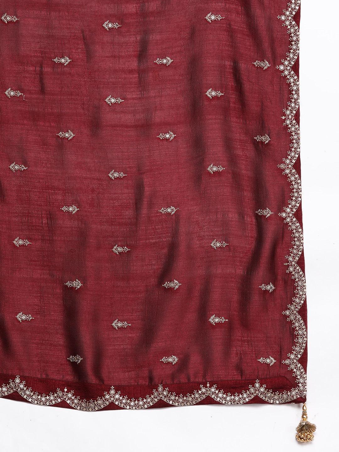 Maroon Embroidered Silk Blend Straight Suit With Dupatta