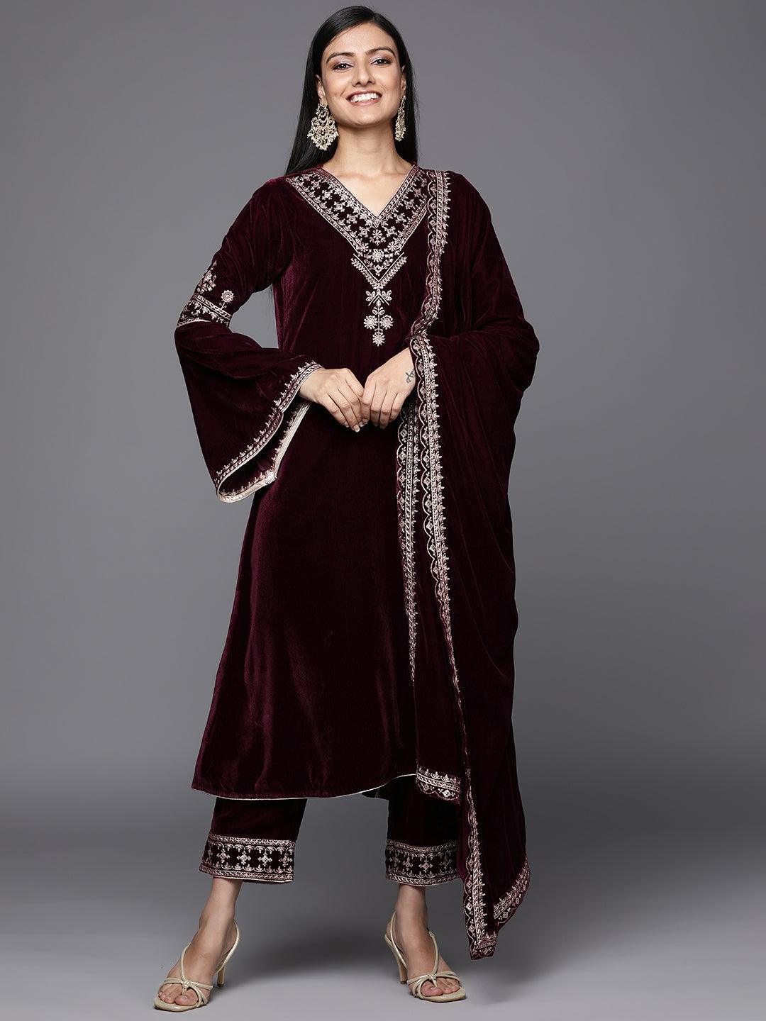 Maroon Embroidered Velvet A-Line Suit Set