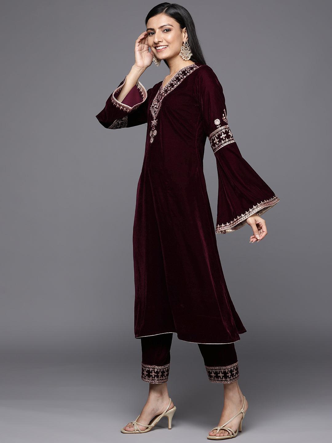 Maroon Embroidered Velvet A-Line Suit Set