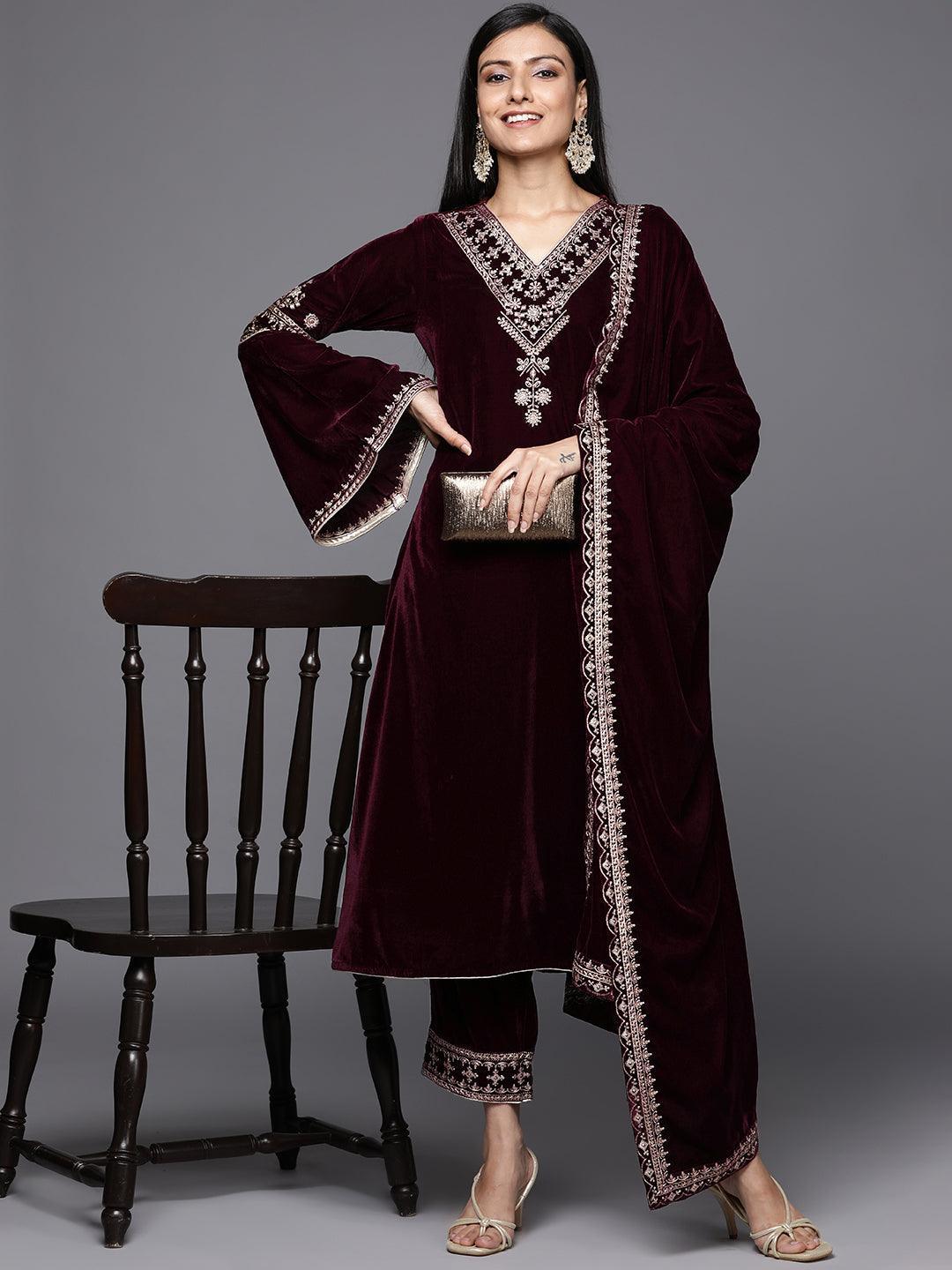 Maroon Embroidered Velvet A-Line Suit Set