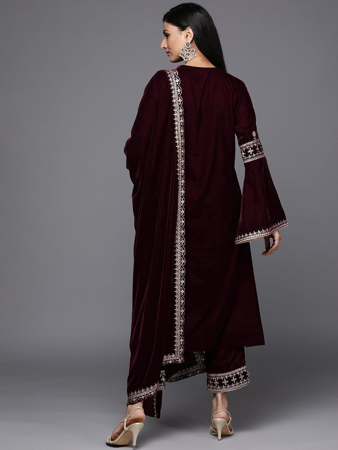 Maroon Embroidered Velvet A-Line Suit Set