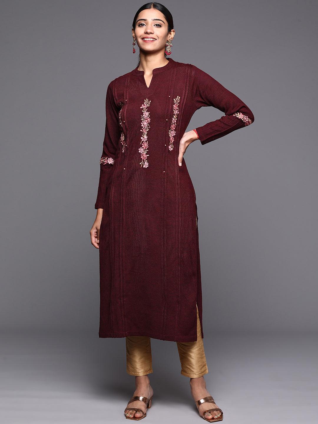 Maroon Embroidered Wool Straight Kurta