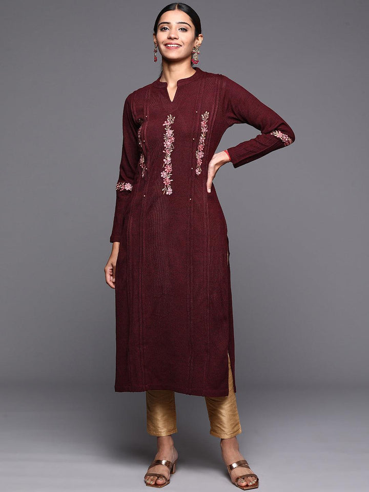 Maroon Embroidered Wool Straight Kurta - ShopLibas