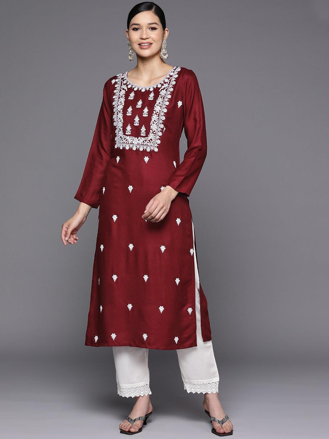 Maroon Embroidered Wool Straight Kurta