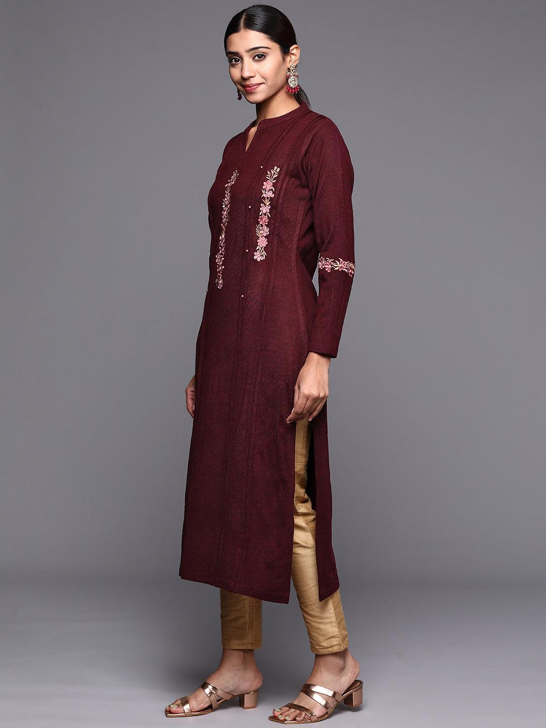 Maroon Embroidered Wool Straight Kurta