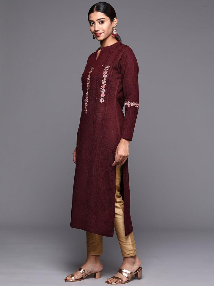 Maroon Embroidered Wool Straight Kurta - ShopLibas