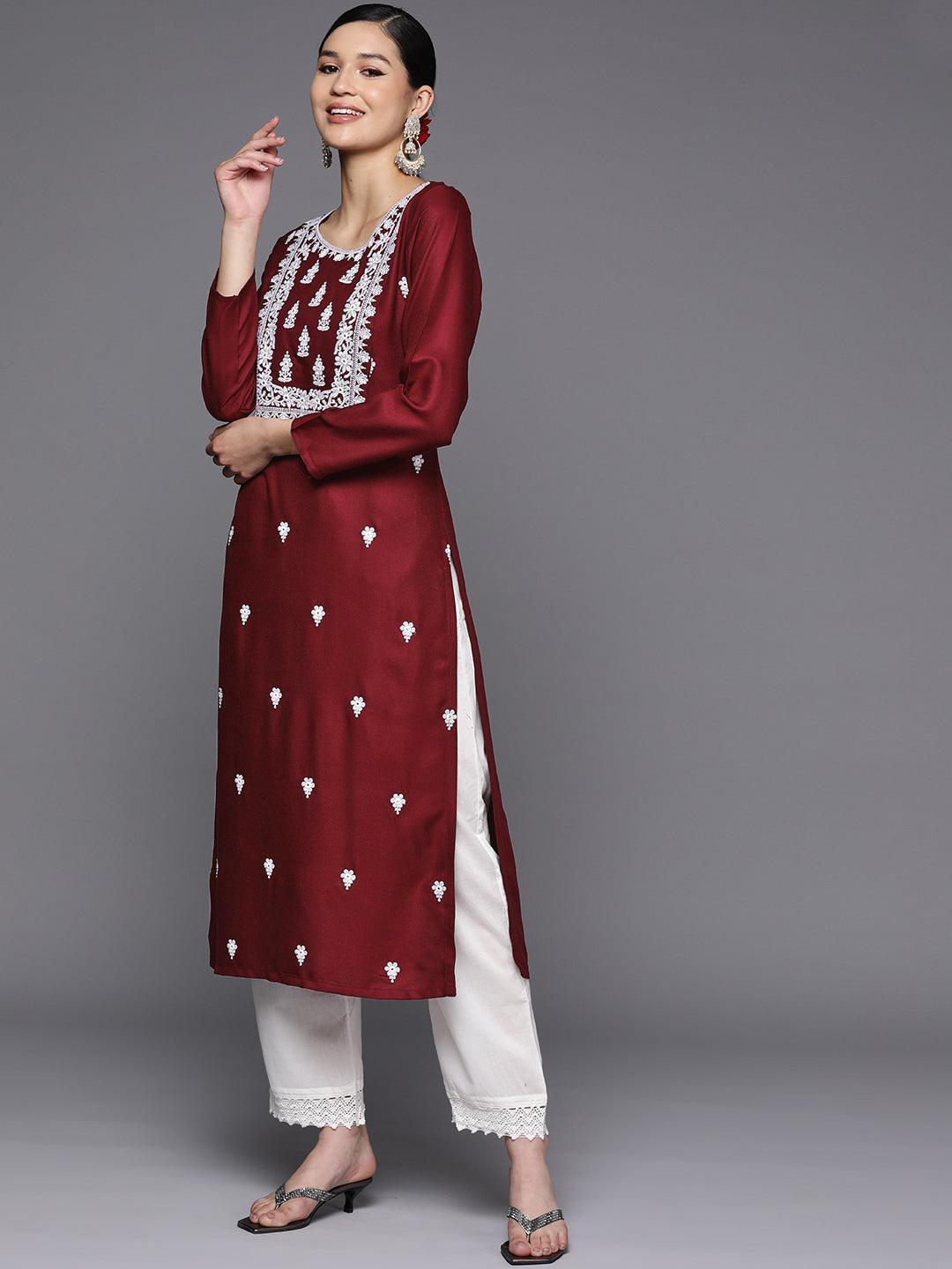 Maroon Embroidered Wool Straight Kurta