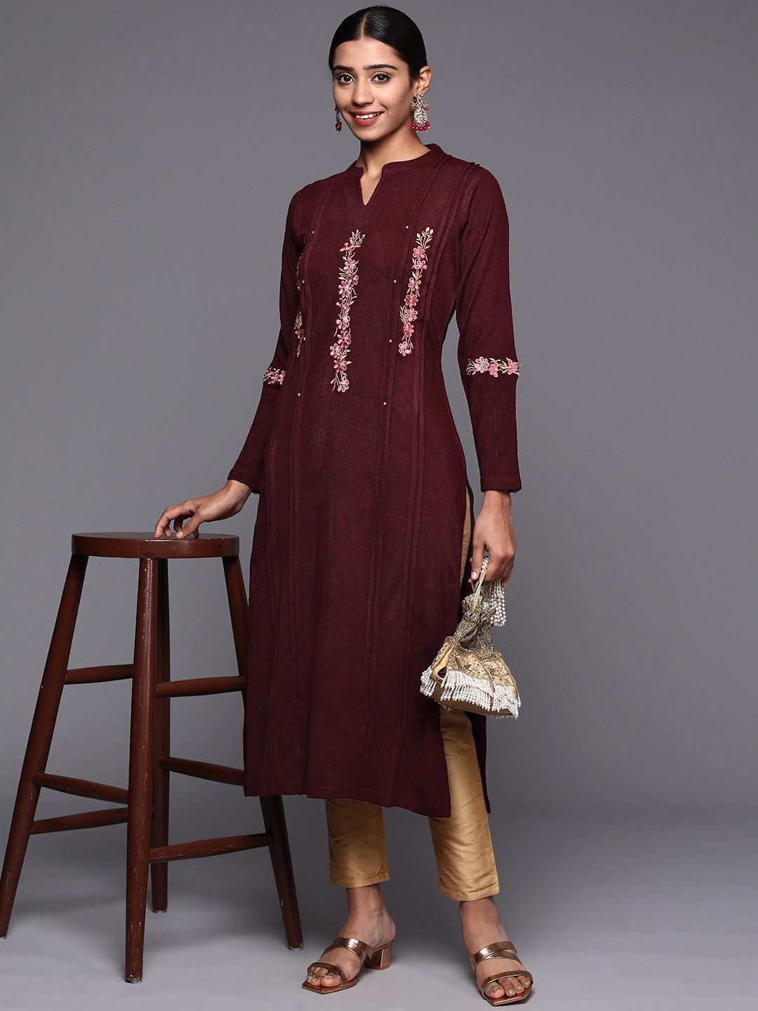 Maroon Embroidered Wool Straight Kurta